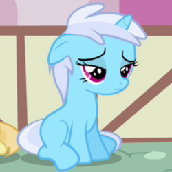Size: 768x768 | Tagged: safe, screencap, bloo, noi, pony, unicorn, a friend in deed, g4, season 2, bloodorable, bloosad, cute, female, filly, floppy ears, frown, linky dee, offscreen character, ponyville, sad, sad face, sadorable, sitting, smile song, solo focus