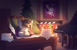 Size: 3138x2040 | Tagged: safe, artist:strafe blitz, oc, oc only, oc:darius, pony, unicorn, christmas, christmas tree, clothes, desk, fire, fireplace, high res, holiday, ink, inkwell, music notes, musical instrument, painting, paper, piano, quill, sleeping, solo, stockings, thigh highs, tree