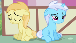 Size: 1280x720 | Tagged: safe, screencap, bloo, noi, earth pony, pony, unicorn, a friend in deed, g4, bloodorable, bloosad, cute, duo, duo female, eyes closed, female, filly, floppy ears, frown, linkelina, linky dee, noiabetes, noisad, ponyville, sad, sad face, sadorable, sitting, smile song