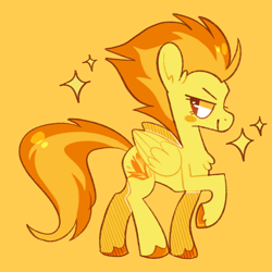 Size: 640x640 | Tagged: safe, artist:bumblesnail-art, spitfire, pegasus, pony, g4, chest fluff, colored hooves, female, mare, orange background, profile, raised hoof, simple background, solo, sparkles