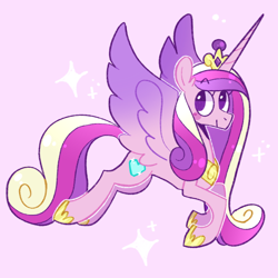 Size: 1280x1280 | Tagged: safe, artist:bumblesnail-art, princess cadance, alicorn, pony, g4, crown, cute, cutedance, female, jewelry, mare, no pupils, pink background, regalia, simple background, solo, spread wings, wings