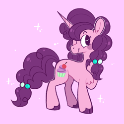 Size: 1280x1280 | Tagged: safe, artist:bumblesnail-art, sugar belle, pony, unicorn, g4, chest fluff, cloven hooves, colored hooves, cute, female, mare, no pupils, one eye closed, pink background, simple background, solo, sugarbetes, wink