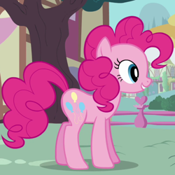 Size: 768x768 | Tagged: safe, screencap, pinkie pie, earth pony, pony, a friend in deed, g4, balloon, cute, cutie mark, diapinkes, female, grin, mare, ponyville, smile song, smiling, solo focus, tree