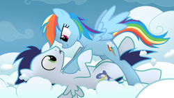 Size: 1920x1080 | Tagged: safe, alternate version, artist:evilenchantress, derpibooru exclusive, rainbow dash, soarin', pegasus, pony, g4, dominant, eyes on the prize, female, female on male, imminent sex, lying down, male, mare, mare on top, on back, pinned down, ship:soarindash, shipping, show accurate, stallion, straight, submissive, tongue out