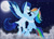 Size: 1280x916 | Tagged: safe, artist:misscandyt, rainbow dash, soarin', g4, butt feathers, cloud, colored wings, dancing, embrace, female, flying, male, moon, night, night sky, old cutie mark, ship:soarindash, shipping, sky, stars, straight, wings