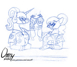 Size: 800x693 | Tagged: safe, artist:omny87, princess celestia, princess luna, alicorn, anthro, g4, alternate hairstyle, bracelet, clothes, coconut cup, female, glasses, hawaiian shirt, jewelry, royal sisters, shirt, sisters, sketch, smiling