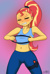 Size: 667x1000 | Tagged: safe, artist:empyu, sunset shimmer, equestria girls, g4, 30 minute art challenge, alternate hairstyle, belly button, clothes, eyes closed, female, midriff, pants, ponytail, purple background, ring fit adventure, simple background, solo, struggling, you're doing it wrong