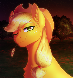 Size: 1716x1829 | Tagged: safe, artist:_ladybanshee_, applejack, earth pony, pony, g4, bust, cheek fluff, chest fluff, ear fluff, female, looking at you, mare, one eye closed, portrait, solo, straw in mouth, tree, wink