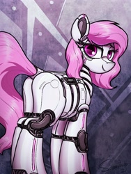 Size: 3000x4000 | Tagged: safe, artist:selenophile, oc, oc only, oc:memory, pony, robot, robot pony, bedroom eyes, butt, commission, looking at you, looking back, looking back at you, plot, robutt, smiling, solo