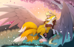 Size: 3916x2484 | Tagged: safe, artist:taiga-blackfield, oc, oc only, fox, pegasus, anthro, happy, high res, hooves, hug, paw pads, paws, smiling, snuggling
