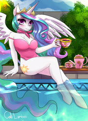 Size: 2000x2760 | Tagged: safe, artist:cali luminos, princess celestia, alicorn, anthro, unguligrade anthro, g4, beautisexy, breasts, clothes, fanart, female, high res, one-piece swimsuit, pink swimsuit, public, relaxing, sexy, swimsuit