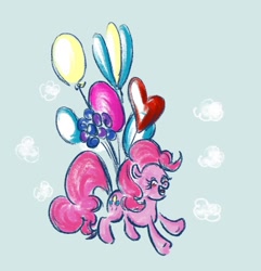 Size: 924x958 | Tagged: safe, artist:laya-21, pinkie pie, earth pony, pony, g4, balloon, eyes closed, floating, open mouth, smiling, solo, then watch her balloons lift her up to the sky