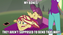 Size: 1065x599 | Tagged: safe, edit, edited screencap, screencap, rainbow dash, sunset shimmer, equestria girls, g4, my little pony equestria girls: better together, wake up!, wake up!: rainbow dash, barefoot, caption, feet, female, i need a chiropractor, image macro, impact font, text, yoga