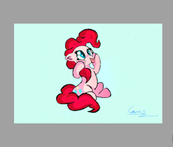 Size: 903x768 | Tagged: source needed, useless source url, safe, artist:@cameron, artist:suikuzu, pinkie pie, earth pony, pony, g4, cute, looking up, pinkie being pinkie, sitting, solo, squishy cheeks, tongue out, trace