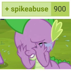Size: 1137x1134 | Tagged: safe, edit, edited screencap, screencap, spike, dragon, derpibooru, g4, abuse, covering, covering eyes, crying, eyes closed, go to sleep garble, meta, milestone, op is a duck, op is on drugs, op is trying to start shit so badly that it's kinda funny, shitposting, tags