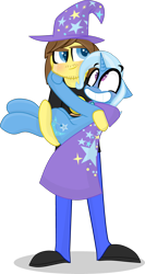 Size: 1230x2305 | Tagged: safe, artist:grapefruitface1, trixie, oc, oc:grapefruit face, pony, unicorn, equestria girls, g4, base used, blushing, canon x oc, cape, clothes, cuddling, duo, female, grapexie, hat, holding, holding a pony, human and pony, male, shipping, simple background, straight, stylized, transparent background, trixie's cape, trixie's hat