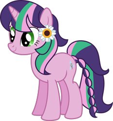 Size: 6782x7268 | Tagged: safe, artist:shootingstarsentry, oc, oc only, oc:falling star, pony, unicorn, absurd resolution, female, flower, flower in hair, mare, offspring, parent:timber spruce, parent:twilight sparkle, parents:timbertwi, simple background, solo, transparent background