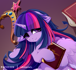 Size: 3149x2881 | Tagged: safe, artist:xsatanielx, twilight sparkle, alicorn, pony, g4, advertisement, alternate hairstyle, big crown thingy, book, element of magic, female, floppy ears, high res, jewelry, long hair, long mane, patreon, patreon logo, patreon preview, paywall content, regalia, solo, twilight sparkle (alicorn)