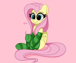 Size: 4096x3368 | Tagged: safe, artist:kittyrosie, fluttershy, pegasus, pony, g4, blushing, clothes, cute, daaaaaaaaaaaw, female, heart, high res, mare, pink background, shyabetes, simple background, sitting, socks, solo, striped socks, three quarter view