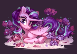 Size: 4093x2894 | Tagged: safe, artist:shore2020, starlight glimmer, alicorn, pony, alicornified, commission, female, flower, horn, long horn, looking at you, lying down, mare, prone, race swap, smiling, solo, starlicorn, underhoof
