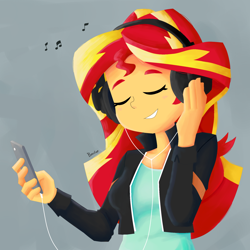Size: 1800x1800 | Tagged: safe, artist:biocrine, sunset shimmer, equestria girls, g4, eyes closed, female, gray background, headphones, listening to music, simple background, smiling, solo