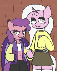 Size: 2000x2500 | Tagged: safe, artist:bloodysticktape, oc, oc only, oc:beetard, oc:floports, bat pony, unicorn, semi-anthro, arm hooves, bandeau, clothes, duo, ear piercing, earring, female, freckles, high res, holding hooves, jacket, jewelry, one ear down, pants, piercing, skirt, socks, sweater, thigh highs, zettai ryouiki