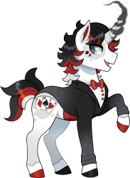 Size: 579x790 | Tagged: safe, alternate version, artist:lastnight-light, oc, oc only, oc:ace, pony, unicorn, clothes, curved horn, horn, magic, male, raised hoof, simple background, solo, stallion, transparent background, tuxedo