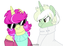 Size: 543x394 | Tagged: safe, artist:pigeorgien, oc, oc only, oc:spring drops, oc:trefoil clover, pony, unicorn, angry, clothes, female, mare, safety goggles, simple background, smiling, suit, sweater, trefoil is not amused, vexel