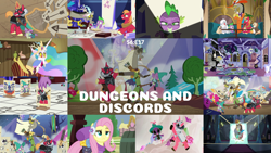Size: 1974x1111 | Tagged: safe, edit, edited screencap, editor:quoterific, screencap, big macintosh, discord, fluttershy, pinkie pie, rainbow dash, spike, squizard, pony, unicorn, dungeons and discords, g4, arrow, bag, bow (weapon), bow and arrow, captain wuzz, cutie map, discord's celestia face, garbuncle, opposite discord, opposite fluttershy, race swap, saddle bag, shield, sir mcbiggen, unicorn big mac, weapon