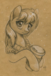 Size: 739x1100 | Tagged: safe, artist:maytee, oc, oc only, pony, bust, clothes, coffee cup, cup, hoof hold, looking at you, monochrome, partial color, portrait, traditional art