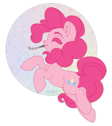 Size: 1336x1510 | Tagged: safe, artist:kasreit-ne, pinkie pie, earth pony, pony, g4, circle background, eyes closed, female, floating, mare, noisemaker, party horn, simple background, transparent background