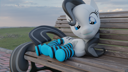 Size: 1920x1080 | Tagged: safe, artist:sgt.acey, oc, oc only, oc:achromia, earth pony, pony, robot, robot pony, 3d, bench, clothes, not rarity, socks, solo, striped socks