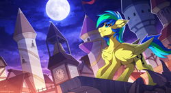 Size: 3000x1628 | Tagged: safe, artist:redchetgreen, oc, oc only, oc:sky, gargoyle, pegasus, pony, chest fluff, clock tower, concave belly, cutie mark, full moon, high res, male, moon, night, scenery, scenery porn, slender, solo, stallion, thin