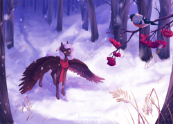 Size: 1920x1371 | Tagged: safe, artist:hazepages, oc, oc only, oc:cloudy night, bird, pegasus, pony, clothes, scarf, snow, solo