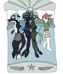 Size: 1200x1400 | Tagged: safe, artist:jasminerika, oc, oc:dustin, oc:imago, oc:mako, oc:ogami, changeling, human, orca, starfish, anthro, awake, bed bug, bedroom, changeling sisters, changeling twins, clothes, colored, cuddling, face smoosh, fangs, female, partial nudity, pearl lamp, pillow, seashells, shorts, sibling love, sisterly love, sleeping, text, topless