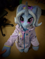 Size: 2837x3692 | Tagged: safe, artist:burgunzik, trixie, semi-anthro, g4, alternate hairstyle, arm hooves, babysitter trixie, clothes, high res, hoodie, irl, photo, plushie, solo