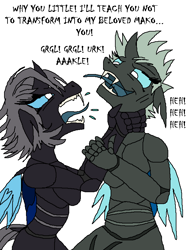 Size: 600x800 | Tagged: safe, artist:jasminerika, oc, oc:imago, oc:ogami, changeling, anthro, angry, changeling sisters, changeling twins, chokehold, colored, fangs, female, fight, sibling rivalry, strangling, text, why you little