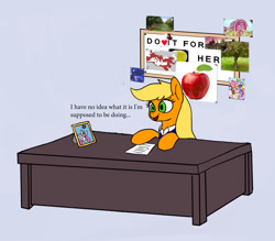 Size: 1260x1102 | Tagged: safe, artist:slamjam, applejack, princess celestia, g4, ancient rome, apple, desk, do it for her, exploitable meme, i have no idea what i'm doing, meme, praise the sun, roman, roman empire, rome, text, that pony sure does love apples