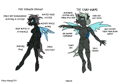 Size: 1200x800 | Tagged: safe, artist:jasminerika, oc, oc:imago, oc:ogami, changeling, anthro, chad, chad stride, changeling sisters, changeling twins, colored, fangs, female, meme, siblings, text, tongue out, virgin, virgin walk