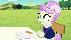Size: 1920x1080 | Tagged: safe, screencap, rosetta, earth pony, pony, brotherhooves social, g4, chair, female, mare, paper, pencil, solo, surprised