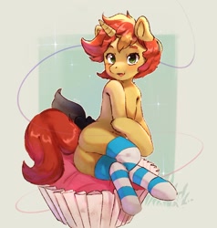 Size: 1461x1537 | Tagged: safe, artist:kyuurinori, oc, oc only, oc:pastel drop, pony, unicorn, butt, clothes, female, looking at you, plot, socks, solo, striped socks