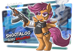 Size: 931x658 | Tagged: safe, artist:epicsubterfuge, scootaloo, pegasus, pony, g4, ak-47, assault rifle, bedroom eyes, bipedal, cigarette, clothes, digital art, female, filly, gun, mare, open mouth, rifle, shirt, smoking, solo, spread wings, tail, weapon, wings, zastava m92