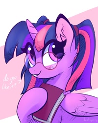 Size: 800x1000 | Tagged: safe, alternate version, artist:lollipony, twilight sparkle, alicorn, pony, g4, alternate hairstyle, book, cute, dialogue, ear fluff, eye clipping through hair, female, glasses, holding, looking at you, mare, meganekko, pigtails, question, raised hoof, smiling, solo, talking to viewer, twiabetes, twigtails, twilight sparkle (alicorn), twintails