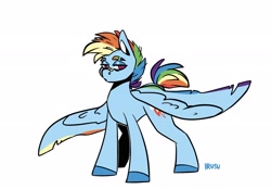 Size: 2048x1423 | Tagged: safe, artist:lrusu, part of a set, rainbow dash, pegasus, pony, g4, bandage, bandaid on nose, colored hooves, colored wings, eyebrows, lidded eyes, looking at you, male, multicolored wings, rainbow blitz, rule 63, short hair, simple background, solo, spread wings, stallion, white background, wings