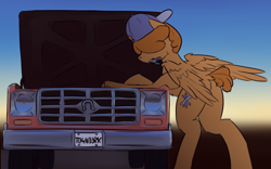 Size: 4000x2500 | Tagged: safe, artist:toanderic, oc, oc only, oc:trucker, pegasus, pony, baseball cap, butt, cap, car, fixing, hat, license plate, mechanic, mouth hold, pegasus oc, plot, repairing, wings, wrench