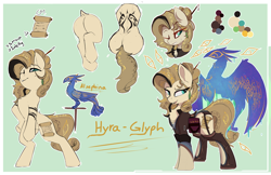 Size: 5100x3300 | Tagged: safe, artist:beardie, oc, oc only, oc:alsephina, oc:hyra glyph, bird, earth pony, pony, bipedal, butt, chest fluff, clothes, female, fishnet stockings, garter belt, garters, jewelry, looking at you, looking back, mare, one eye closed, open mouth, plot, reference sheet, scroll, shirt, smiling, spirit, writing