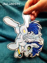 Size: 3000x4000 | Tagged: safe, artist:julunis14, soarin', pegasus, pony, g4, backwards cutie mark, chest fluff, commission, ear fluff, goggles, holding a pony, leg fluff, male, markers, open mouth, paper pony, photo, solo, spread wings, traditional art, upside down, wings