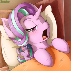 Size: 2000x2000 | Tagged: safe, artist:zuckergelee, starlight glimmer, twilight sparkle, pony, unicorn, bed, bedroom, bedroom eyes, blanket, cute, digital art, eyebrows, eyelashes, female, freckles, glimmerbetes, hooves, horn, looking at you, mare, morning, morning ponies, one eye closed, open mouth, pillow, plushie, solo, sunlight, twilight sparkle plushie, yawn