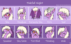 Size: 3572x2200 | Tagged: safe, artist:sevenserenity, oc, oc only, oc:pinkfull night, bat pony, pony, bat pony oc, bat wings, blushing, commission, discord emotes, ear fluff, emote set, fangs, female, glasses, high res, looking at you, one eye closed, petting, sad, scared, shy, smiling at you, solo, spread wings, staring at you, sticker pack, sweat, teenager, thinking, wings, wink, winking at you