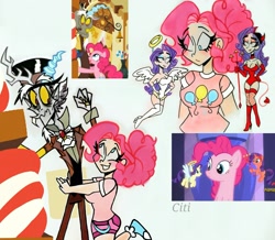 Size: 2453x2139 | Tagged: safe, artist:citi, screencap, discord, pinkie pie, rarity, human, g4, make new friends but keep discord, the saddle row review, angel rarity, breasts, cleavage, cropped, devil rarity, high res, humanized, pitchfork, scene interpretation, screencap reference, shoulder angel, shoulder devil